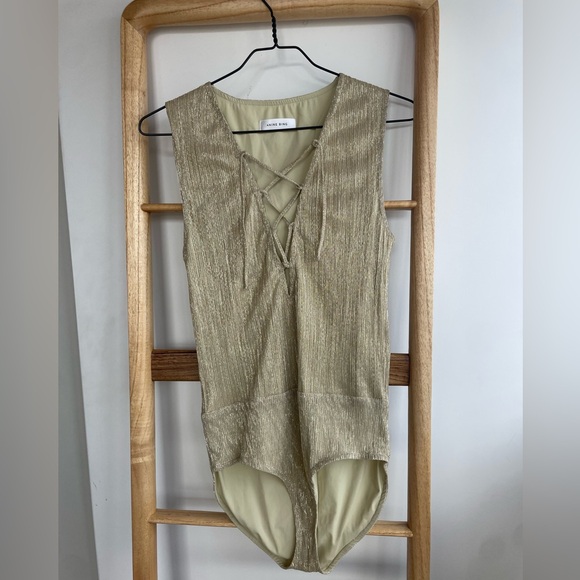 Anine Bing Metallic Gold Lace Up Sleeveless Body Suit Top - Picture 3 of 7